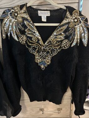 Joan Rivers-Inspired Black Sequin Embellished V-Neck Sweater